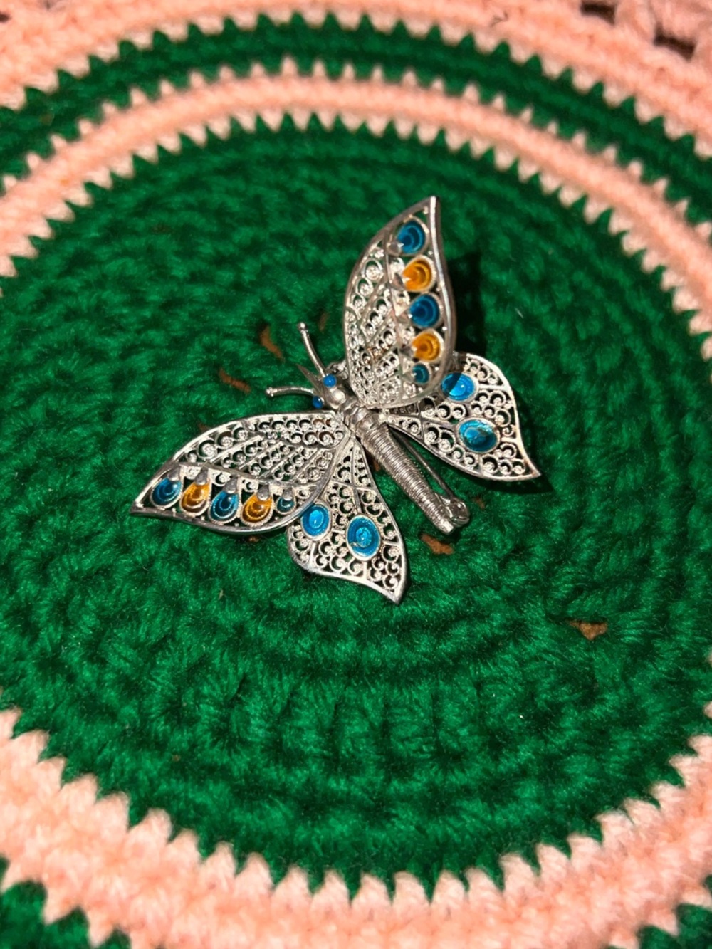 Silver adjustable Butterfly Brooch with Blue and Yellow Accents